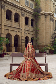 Pakistani Bridal Dress in Red Open Gown Lehenga Style