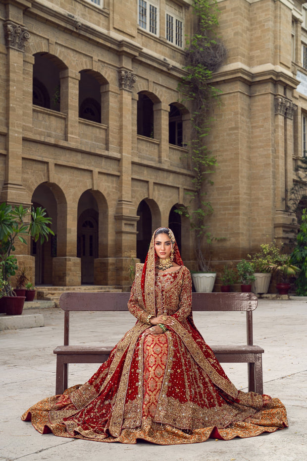 Pakistani Bridal Dress in Red Open Gown Lehenga Style