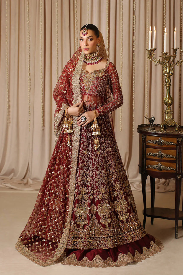 Pakistani Bridal Dress in Red Pishwas Lehenga Style