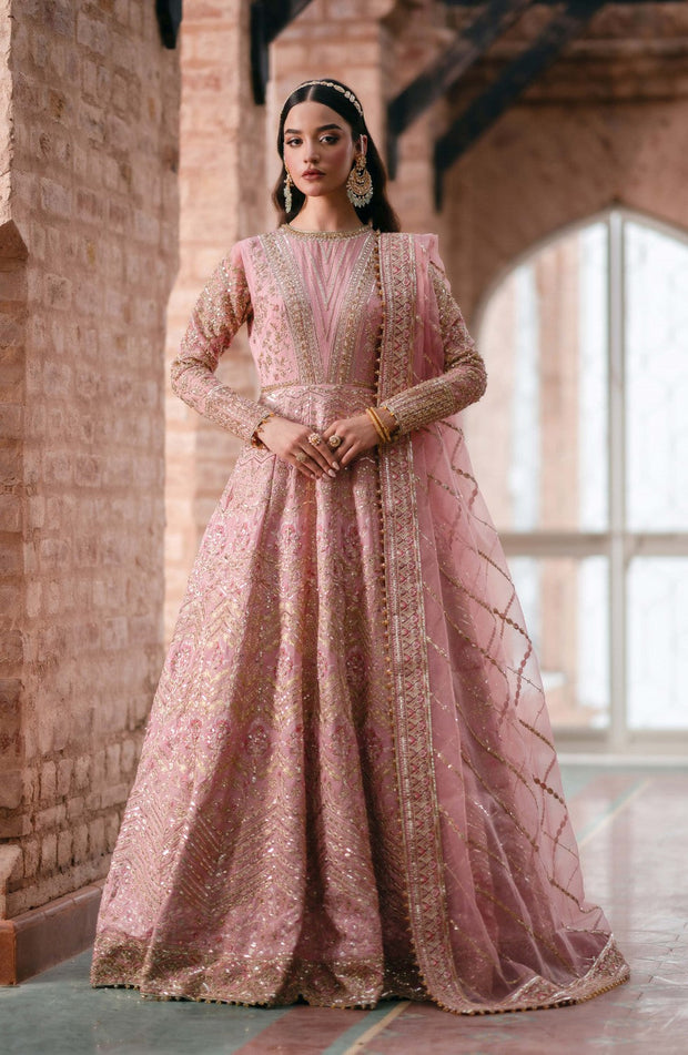 Pakistani Bridal Dress in Rose Pink Pishwas Frock Style