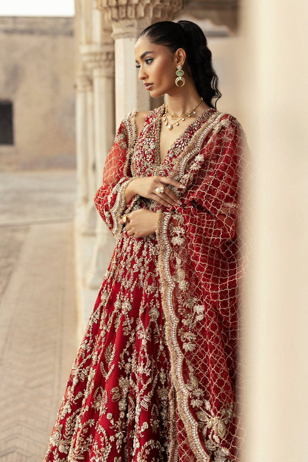 Pakistani Bridal Dress in Royal Red Lehenga Frock Style Online