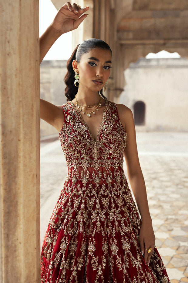 Pakistani Bridal Dress in Royal Red Lehenga and Pishwas Frock Style