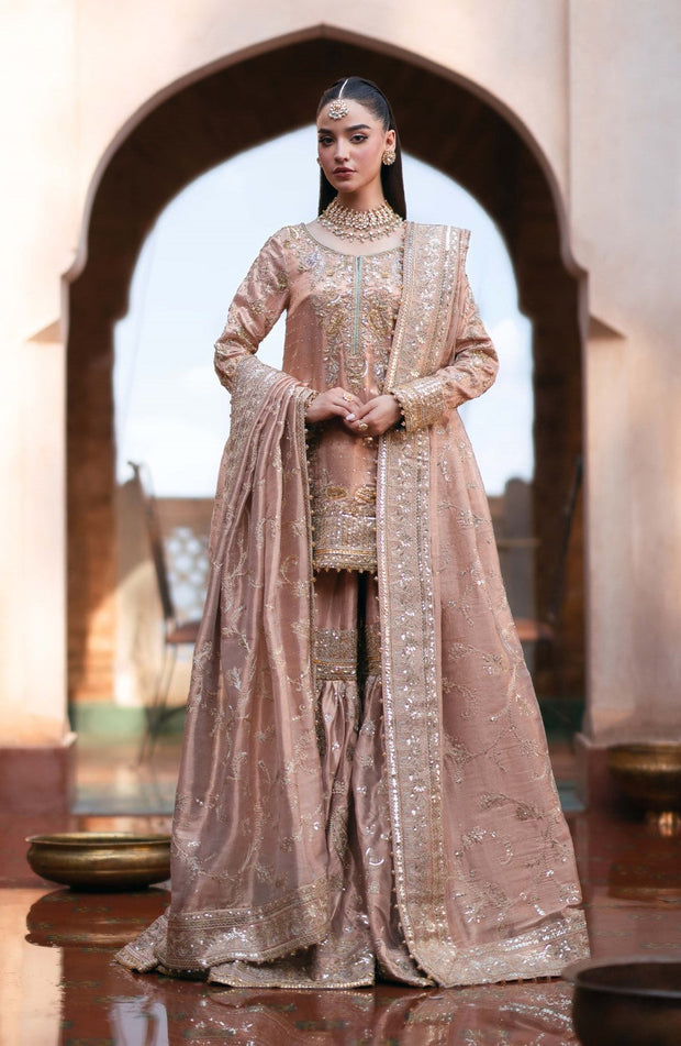 Pakistani Bridal Dress in Tissue Kameez Gharara Style