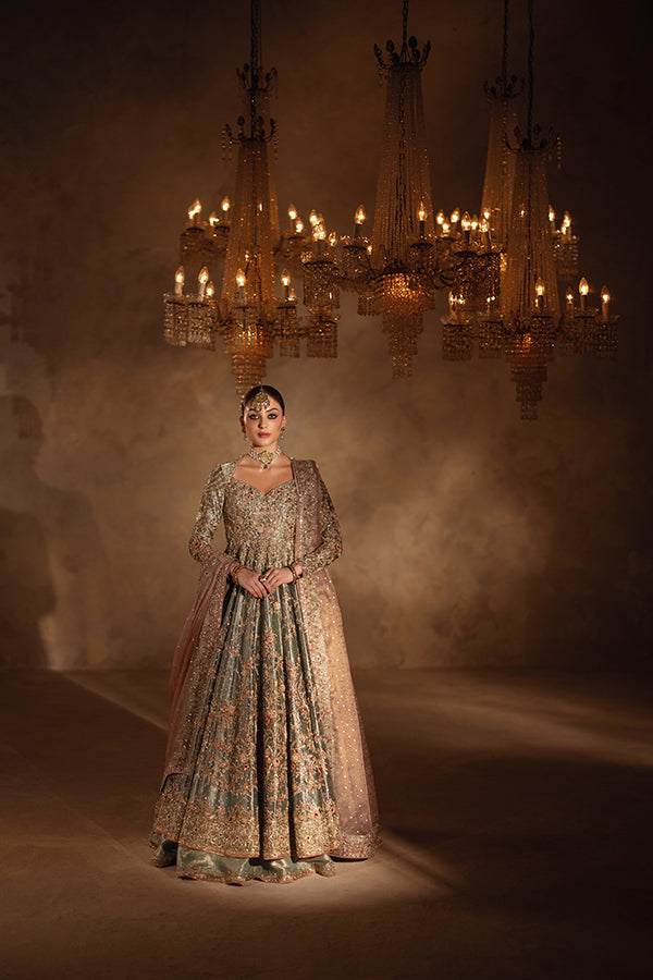 Pakistani Bridal Dress in Tissue Pishwas Lehenga Style