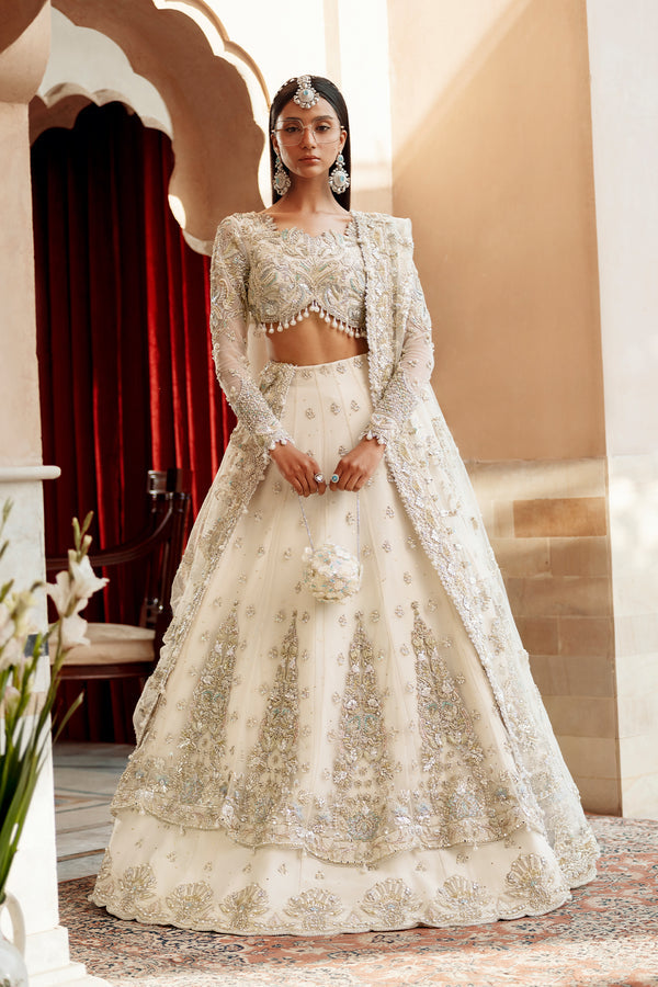 Pakistani Bridal Dress in White Choli and Lehenga Style