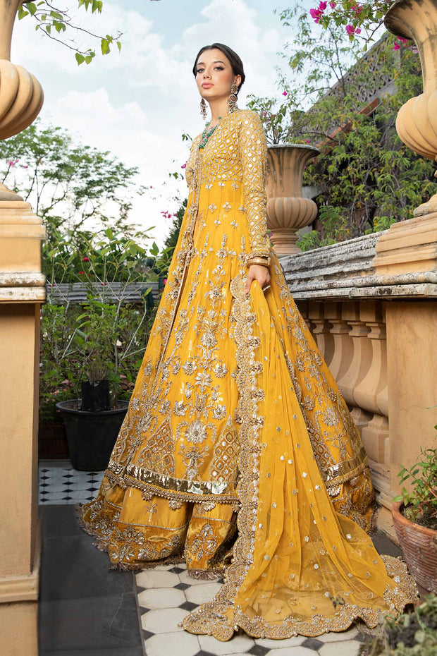 Pakistani Bridal Mehndi Dress in Angrakha Lehenga Style