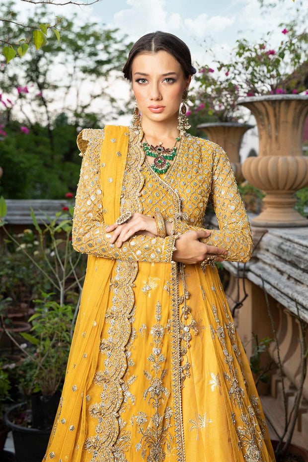 Pakistani Bridal Mehndi Dress in Angrakha and Lehenga Style