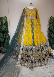 Pakistani Bridal Mehndi Dress in Frock Lehenga Style