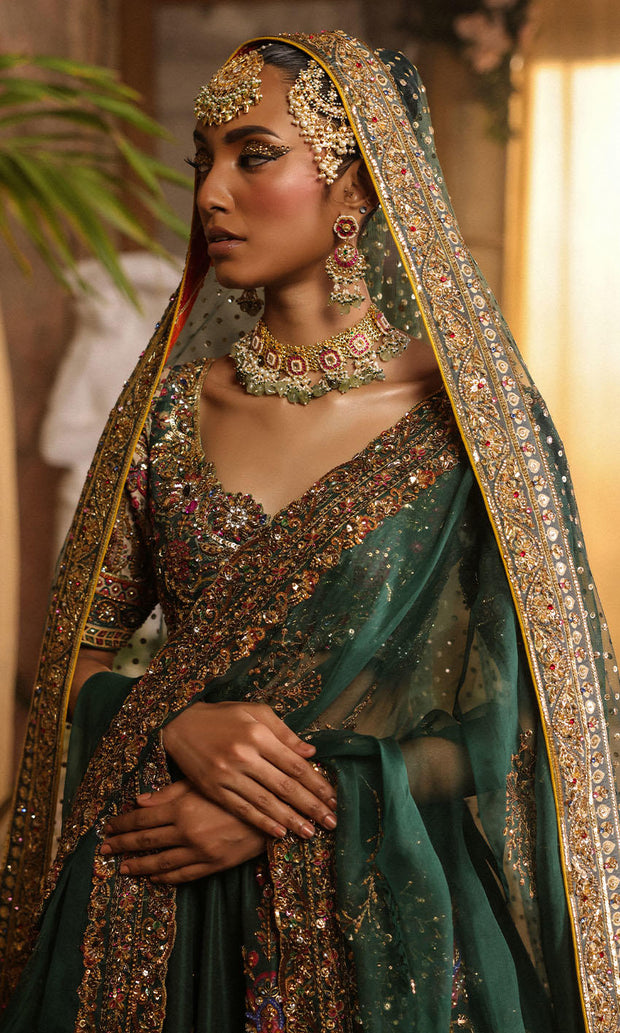 Pakistani Bridal Dress in Green Lehenga Choli Style