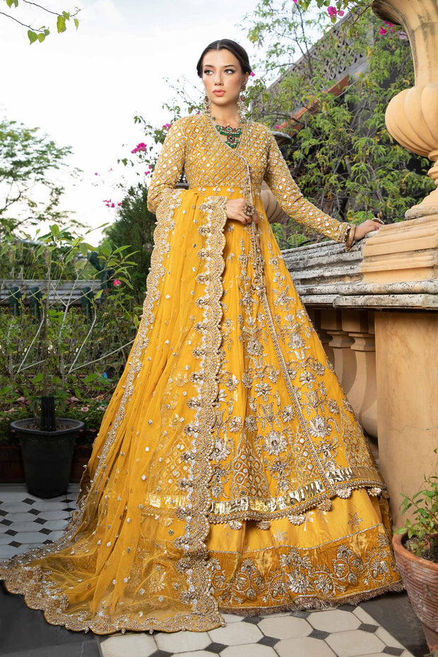 Pakistani Bridal Mehndi Dress in Angrakha Lehenga Style