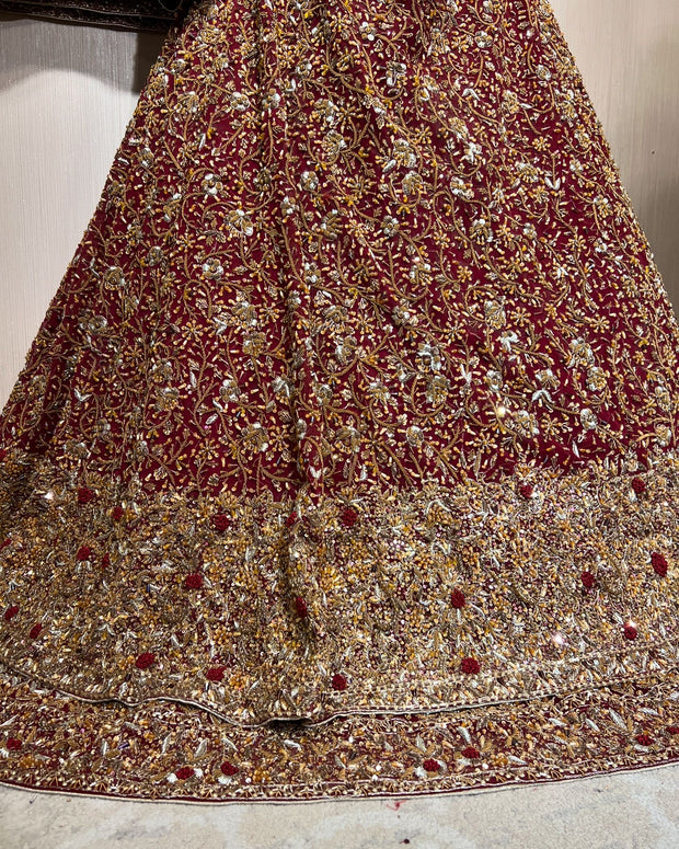 Pakistani Bridal Outfit in Pishwas and Red Lehenga Style