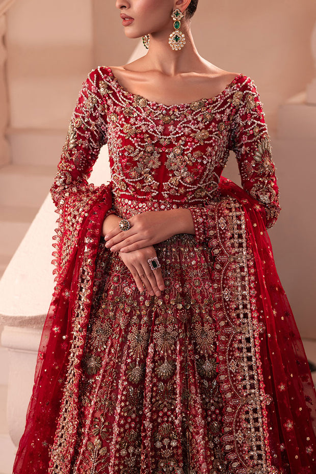 Pakistani Bridal Outfit in Pishwas and Red Lehenga Style