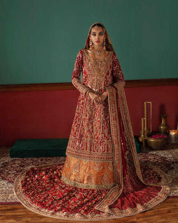 Pakistani Bridal Outfit in Red Kameez Lehenga Style