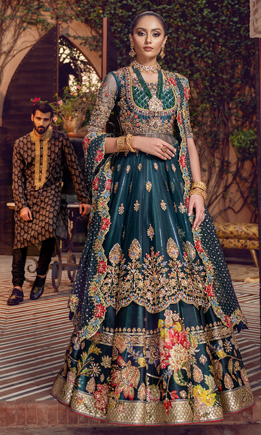 Pakistani Bridal Pishwas Frock Lehenga Mehndi Dress – Nameera by Farooq