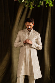 Pakistani Groom Dress in Off-white Open Sherwani Style Online