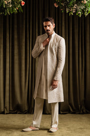 Pakistani Groom Dress in Off-white Open Sherwani Style