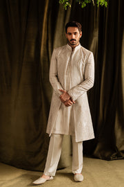 Pakistani Groom Dress in Off-white Sherwani Style