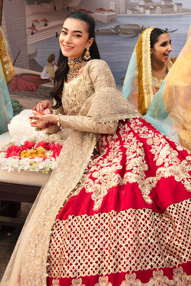 Pakistani Party Dress Golden and Red Lehenga Style Outfit