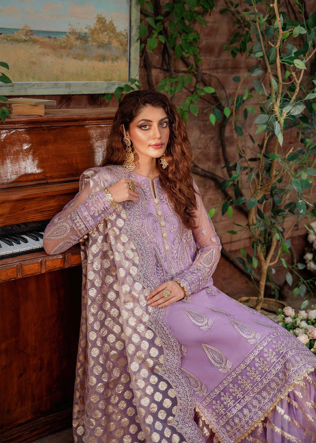 Pakistani Party Dress in Purple Gharara Kameez Dupatta Style