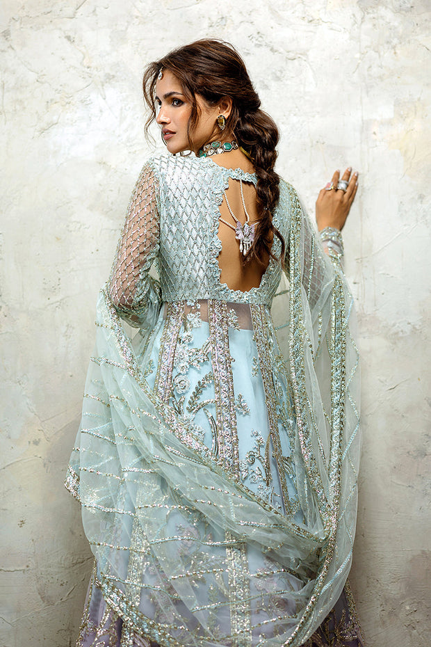 Pakistani Wedding Dress in Blue Open Gown Lehenga Style