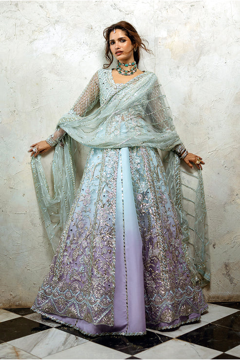 Pakistani Wedding Dress in Blue Open Gown Lehenga Style