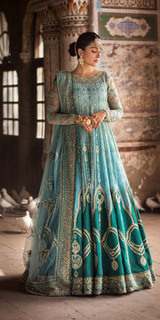 Pakistani Wedding Dress in Blue Pishwas Dupatta Trouser Style