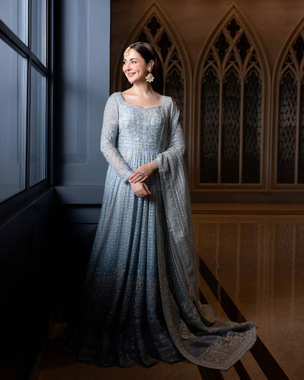 Pakistani Wedding Dress in Blue Pishwas Frock Dupatta Style