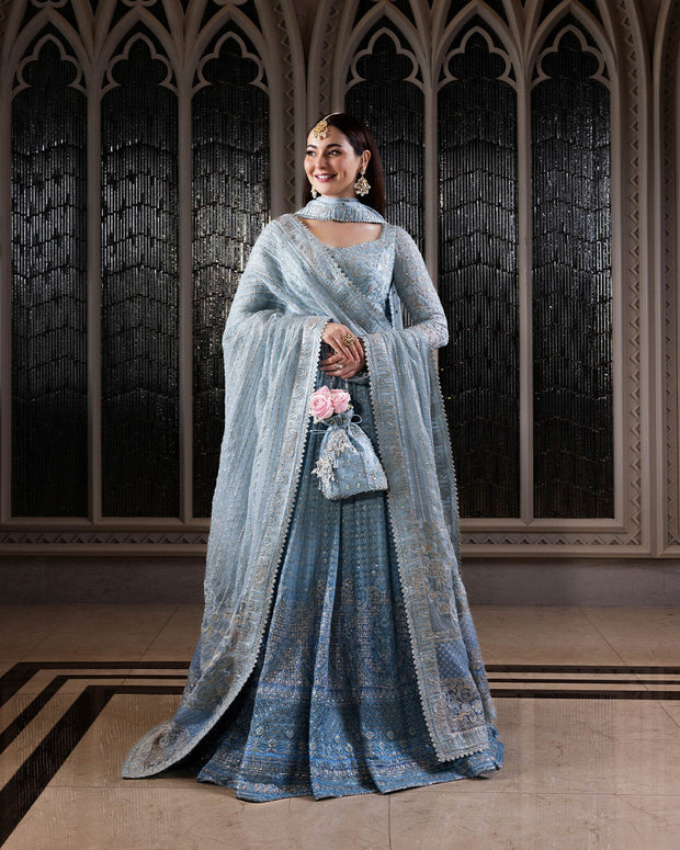 Pakistani Wedding Dress in Blue Pishwas Frock Style