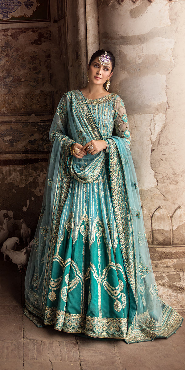 Pakistani Wedding Dress in Blue Pishwas Trouser Style Online