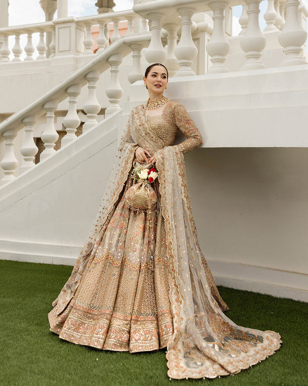 Pakistani Wedding Dress in Gold Choli Lehenga Style