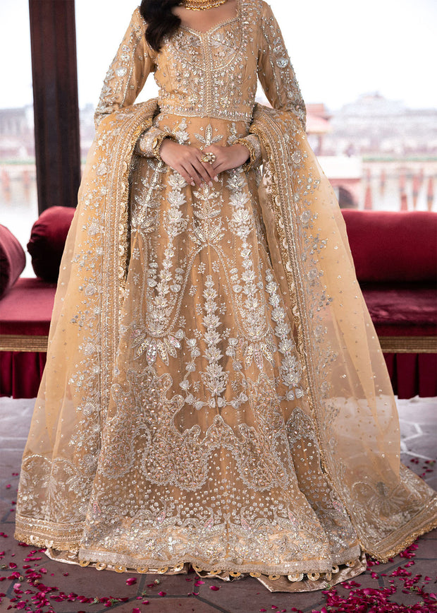 Pakistani Wedding Dress in Golden Pishwas Frock Style Online