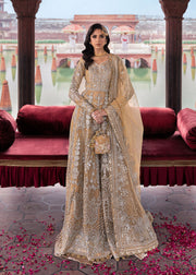 Pakistani Wedding Dress in Golden Pishwas Frock Style