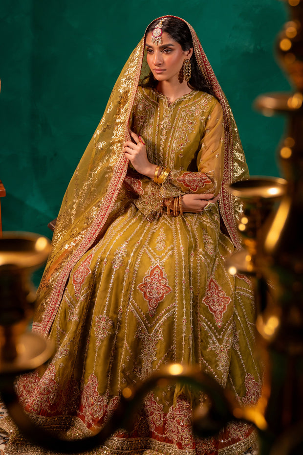 Pakistani Wedding Dress in Mustard Green Pishwas Dupatta Style