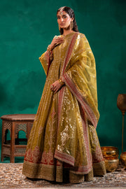 Pakistani Wedding Dress in Mustard Green Pishwas Style