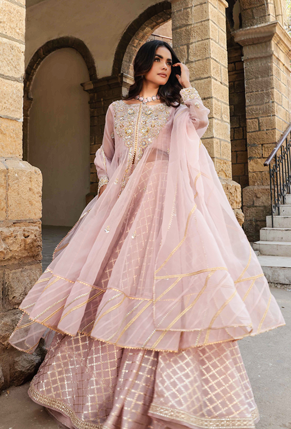 Pakistani Wedding Dress in Open Frock and Lehenga Style