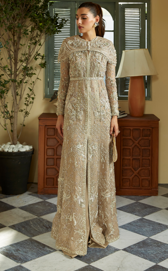 Pakistani Wedding Dress in Open Gown and Sharara Style