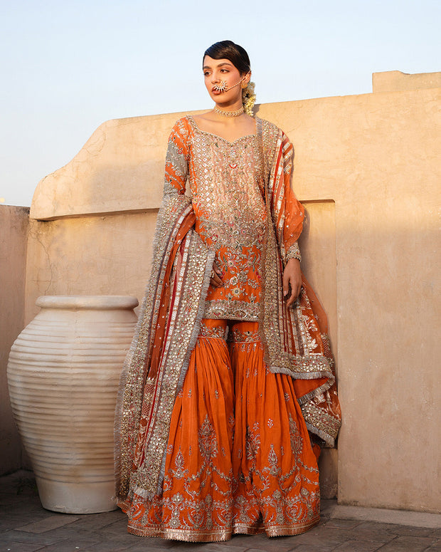 Pakistani Wedding Dress in Orange Kameez Gharara Style