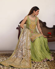 Pakistani Wedding Dress in Parrot Green Sharara Style Online