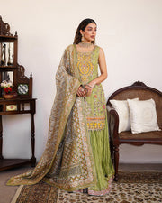 Pakistani Wedding Dress in Parrot Green Sharara Style