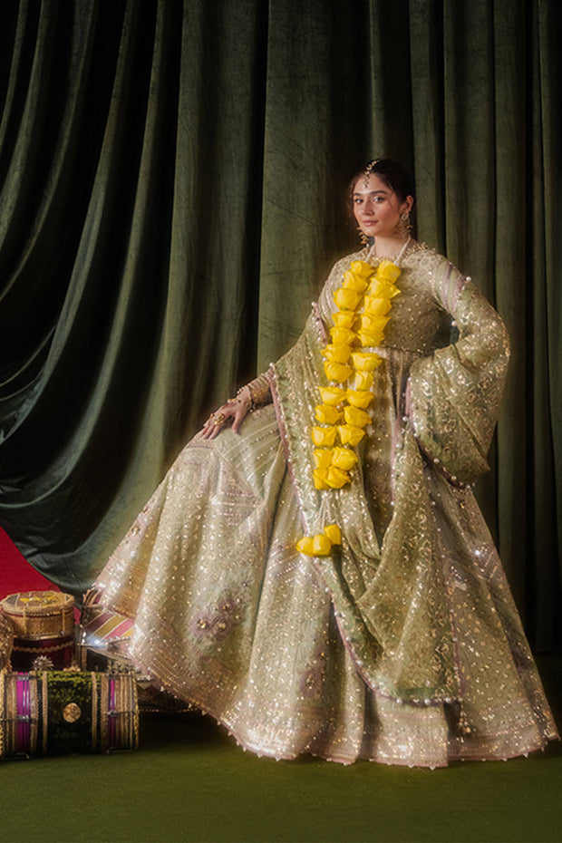 Pakistani Wedding Dress in Pistachio Green Gown Dupatta Style