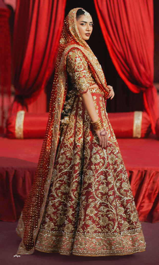 Pakistani Wedding Dress in Red Choli and Lehenga Style Online