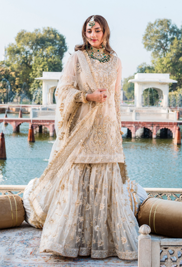 Pakistani Wedding Dress in Royal Gharara Kameez Style Nameera by Farooq