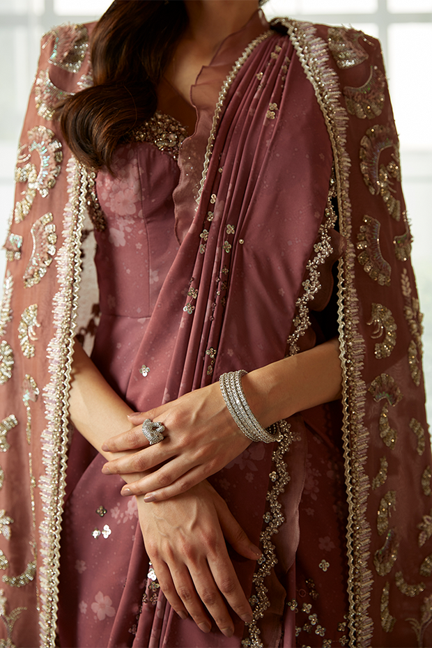 Pakistani Wedding Saree with Embellished Cape