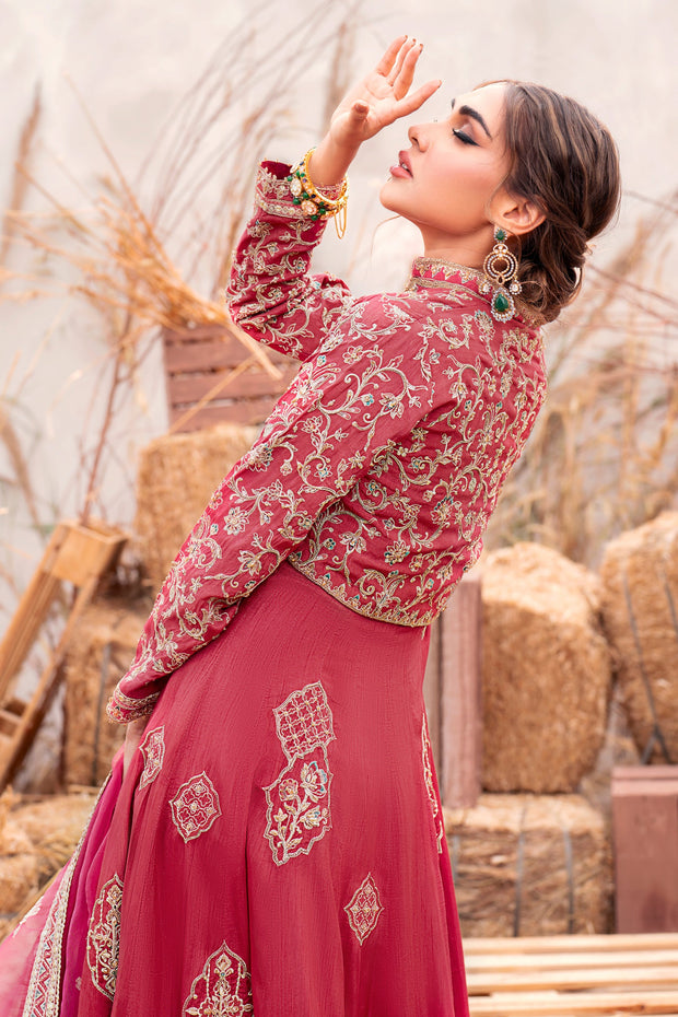 Pakistani Wedding Wear Elegant Jacket Style Frock in Carrot Red