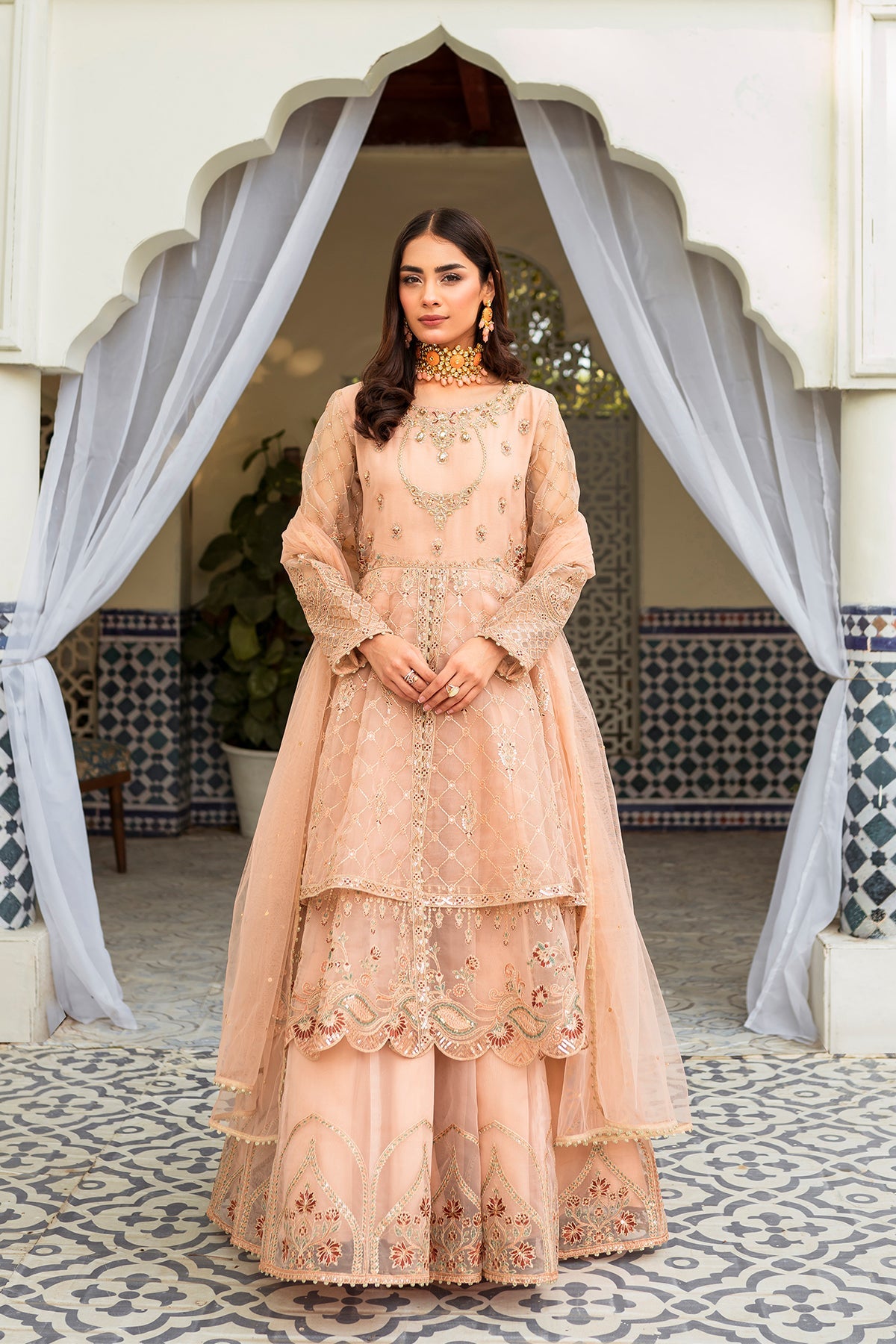 Luxury Peach Double Layered Pishwas Pakistani Wedding Dress Nameera By Farooq 6188