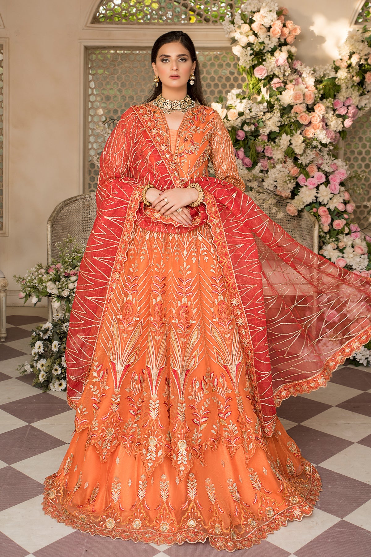 Peach Pakistani Wedding Dress Double Layered Pishwas Nameera By Farooq 4276