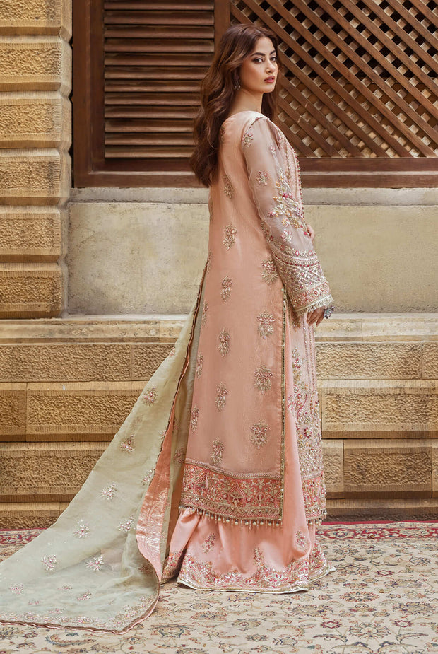 Peach Pink Embellished Pakistani Wedding Dress Kameez Gharara