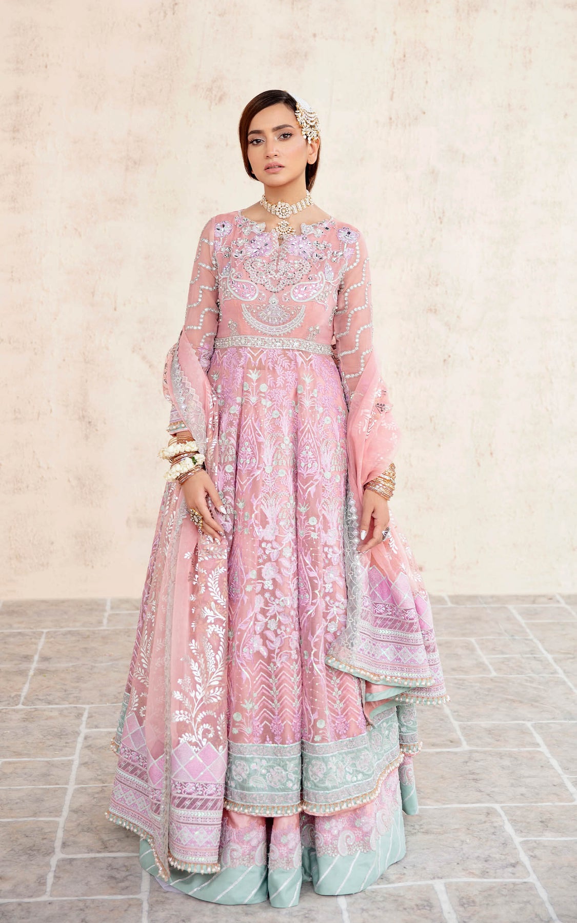 Peach Pakistani Wedding Dress Double Layered Pishwas Style Nameera By Farooq 9069