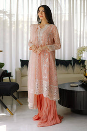 Peach Poly Cotton Slub A-Line Pakistani Party Dress in Sharara Style