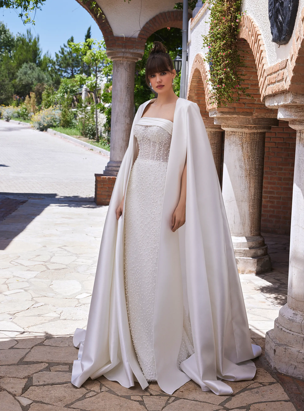 Pearl Pattern Designed Mermaid Style Bridal Gown with Neckline Cape